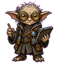 Cogwick: Clockwork goblin reading a book