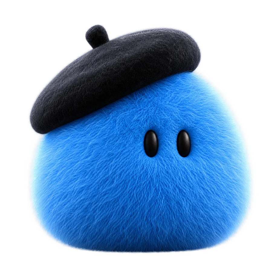 A round sky-blue fuzzy character with small black eyes and a black beret