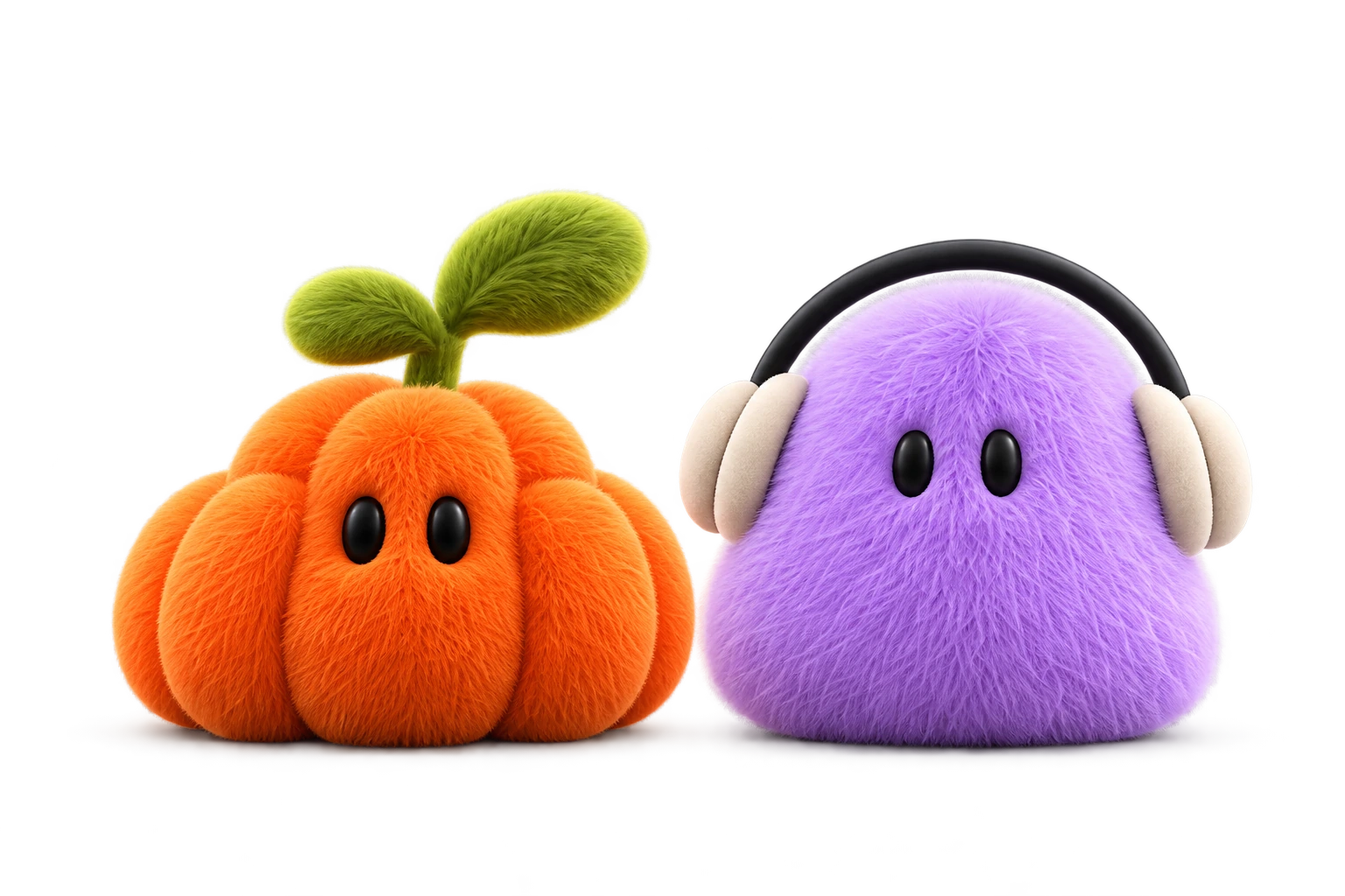 An orange plush pumpkin with leafy stems beside a lilac plush companion wearing headphones.
