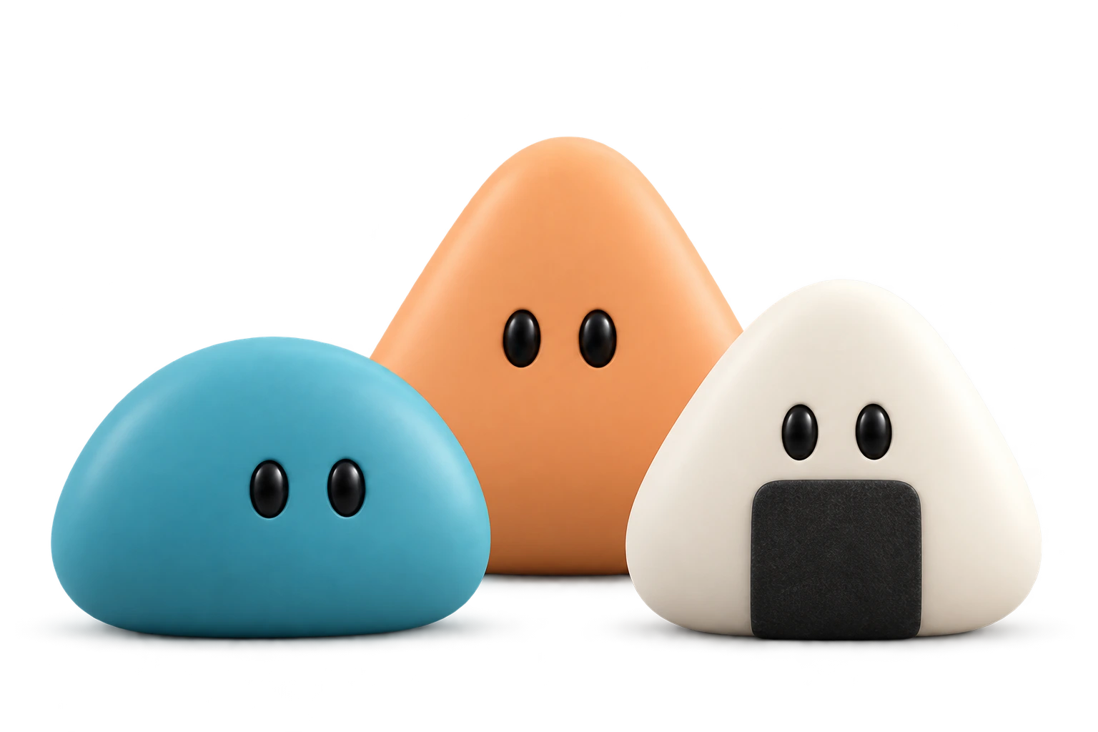 Three soft objects: a teal round pebble, an apricot triangle, and an ivory rice ball.