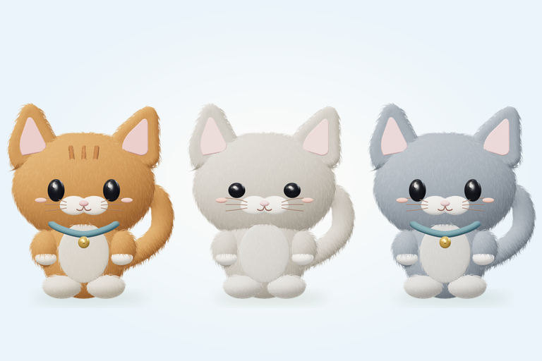 Actual exported ginger, cream and grey kittens, with small paws and curled tails.