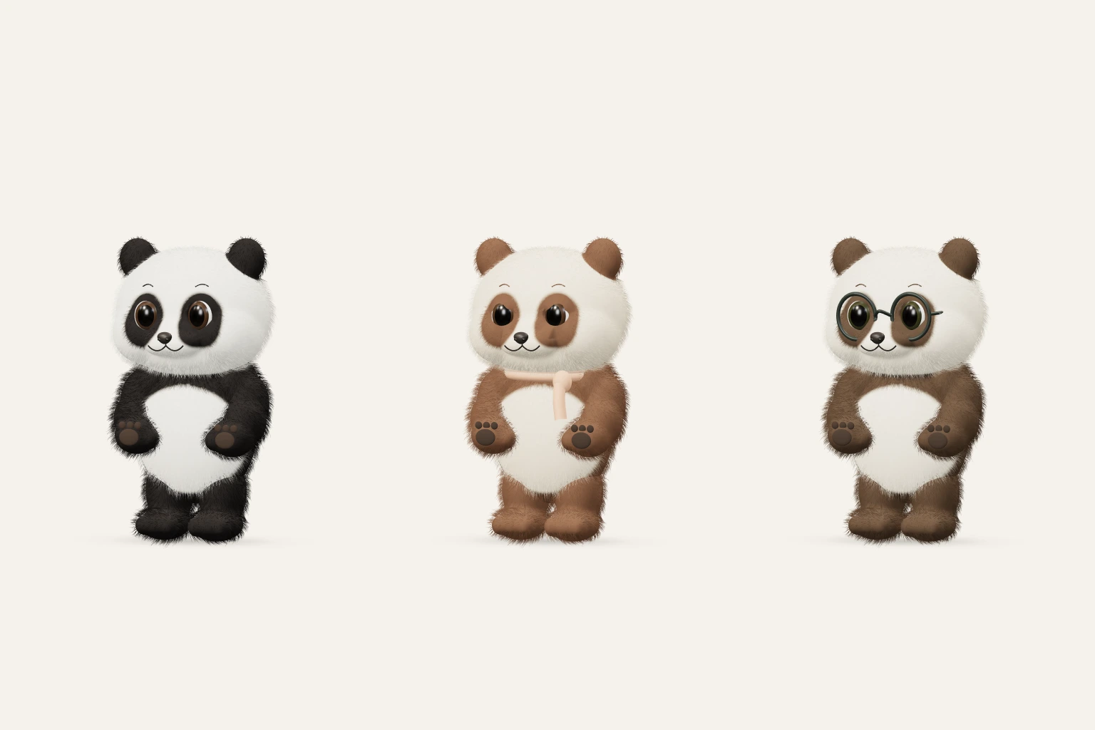 Actual articulated Bamboo, Cocoa and Sesame panda models, with a scarf and round glasses.