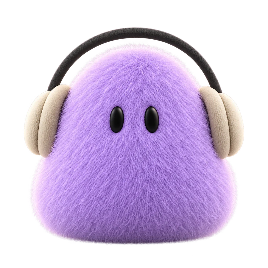 A soft lilac fuzzy character wearing cream and dark over-ear headphones