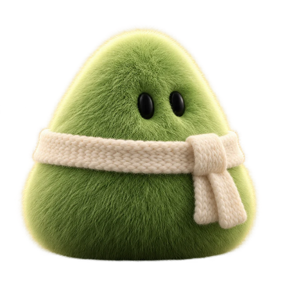 A pear-shaped moss-green fuzzy character wearing a chunky cream knitted scarf