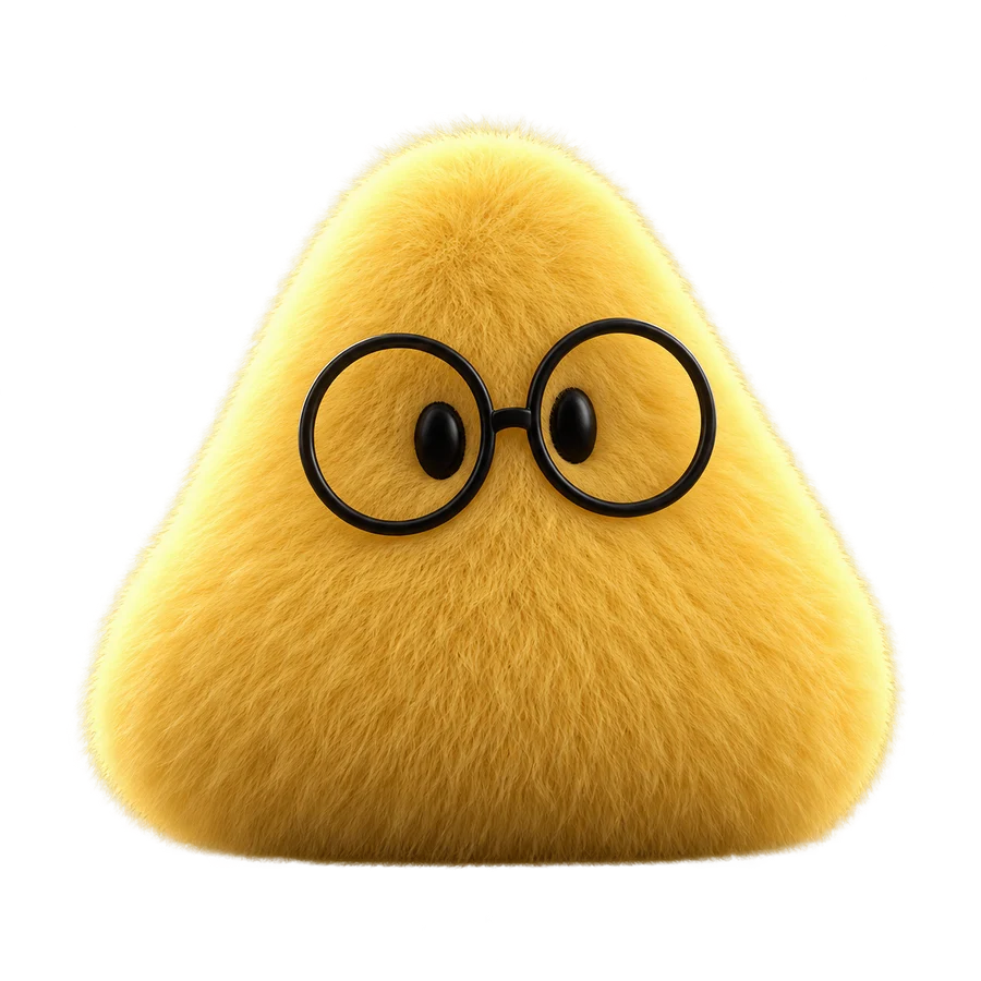 A golden-yellow fuzzy triangular character wearing oversized round black glasses