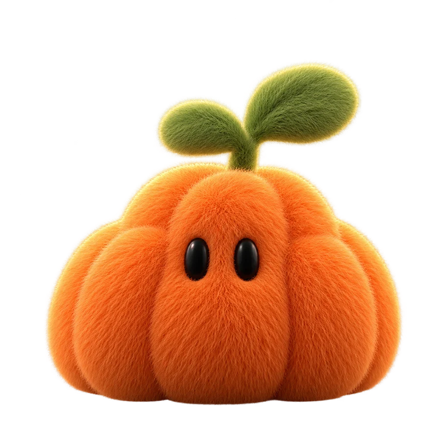 A small tangerine-orange fuzzy character with a green leafy sprout on top